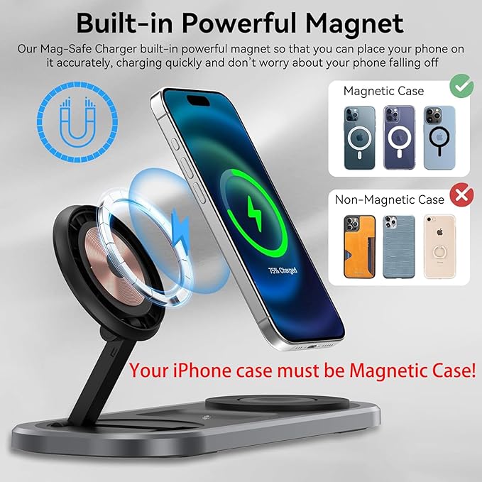3 in 1 Fast Wireless Charger Stand for iPhone, Foldable Travel Charging Station for Magsafe for iPhone 17/Air/16/15/14/13/12 Series, Apple Watch Series, AirPods pro/2/3/4, Gifts for Women Men (Black)