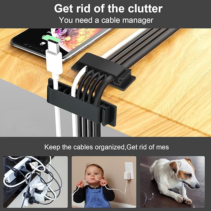 Cable Management Clips, 20Pcs Cord Organizers Wire Clips Cord Holder for TV PC Ethernet Cable Desk Home Office (Black)