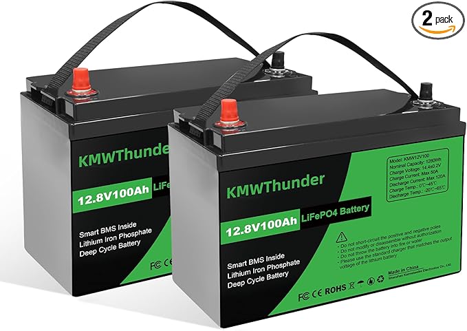 12V 100Ah LiFePO4 Lithium Battery, Built-in Smart BMS, Low Temperature Protection Group 24 Deep Cycle Battery for Trolling Motor, RV, Solar, Marine, Camping and Off Grid Applications 2 Pack