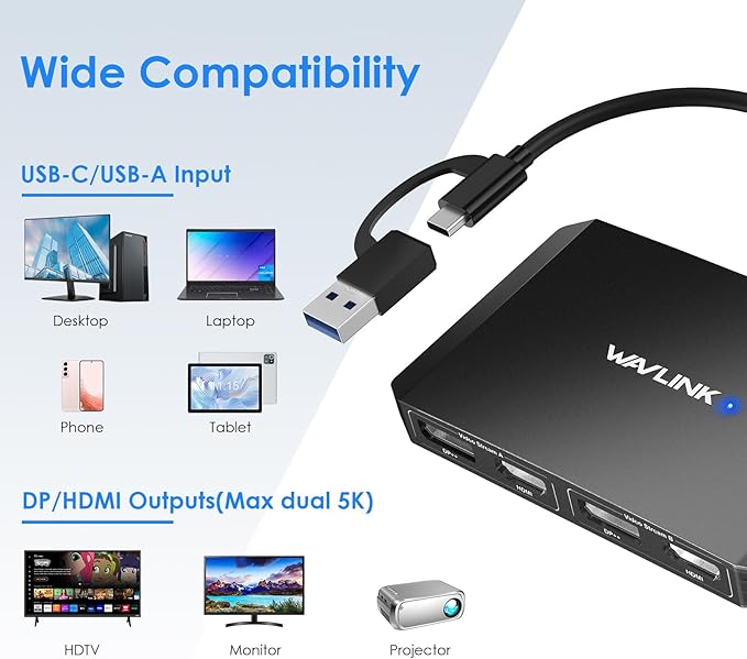 WAVLINK USB C and USB 3.0 to Dual 4K DisplayPort/HDMI Adapter, Displaylink Monitor Splitter Extended Display for Dual Monitor 4K@60Hz, HDMI/DP Splitter Compatible with Mac M1-M4,Window Laptop-Black