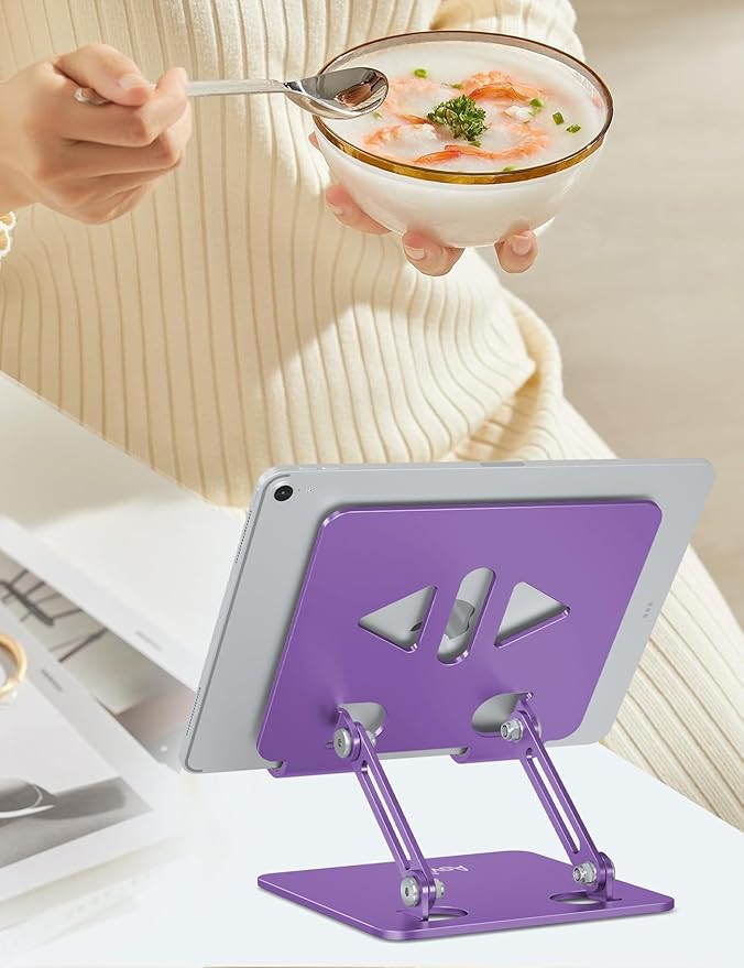 Tablet Stand Holder for Desk, Adjustable Desktop Tablet Holder, Foldable Aluminum Tablet Mount for iPad pro 12.9, iPad Air Mini, Samsung Galaxy Tabs Z Fold Kindle Fire 4-12 inch Purple