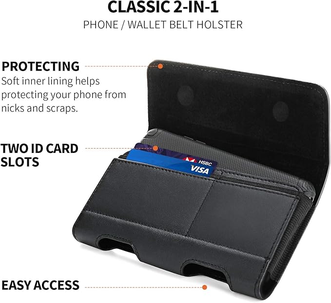 BECPLT Leather Holster Pouch with ID Card Holder, Belt Clip Case for iPhone 13 Mini, 12 Mini, 8, 7, 6s, 6, Galaxy S10e (Fit with Thin Case on)