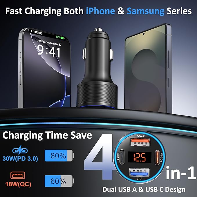 USB C Car Charger, 4-Port 65W Dual 12V USB-A & USB-C Car Phone Charger with Voltmeter PD/QC 3.0 Fast Charging Cigarette Lighter Adapter for iPhone 16e 15 14 13 12 11 Pro Max,Samsung, Android(Black)