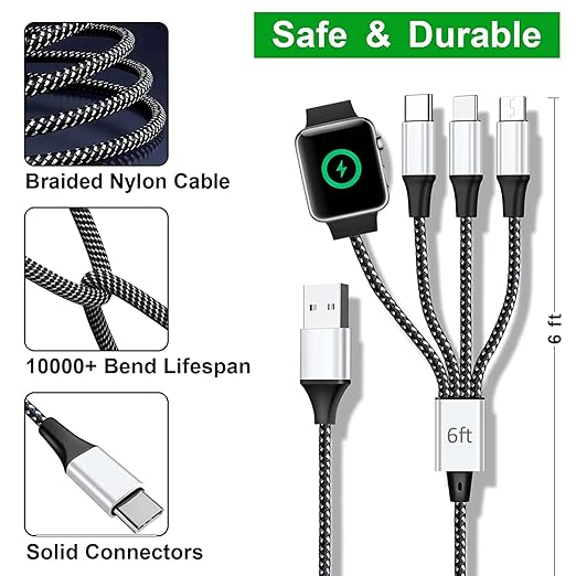 Multi Charging Cable for Apple Watch, Magnetic Wireless Charger, 4 in 1 Nylon Braided Cord for Multiple Devices, USB C/Micro Port/Compatible with iWatch Series 10-1/iPhone 16 15 14/iPad/Android - 6FT