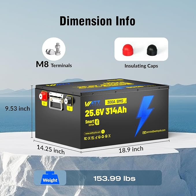 24V 314AH LiFePO4 Lithium Battery, Built-in Bluetooth 5.0 & 300A BMS, Upgrade Aluminum Frame MAX 8038Wh Energy, 15000+ Deep Cycles Batteries, Perfect for Home Energy, RV, Marine, Solar