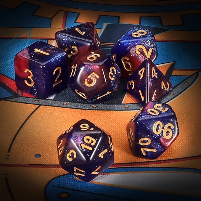 QMAY DND Dice Set - Polyhedral Dice (Blue Mix Purple Nebula) 7 Pcs for Dungeon and Dragons D&D RPG Role Playing Games Dice with Dice Bag