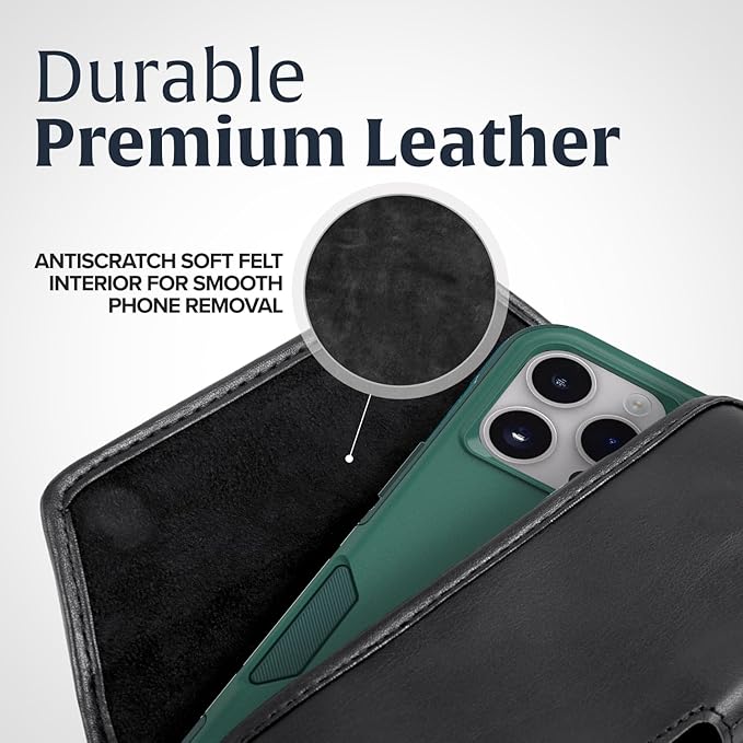 Turtleback Belt Holder for iPhone 16 Pro Max, 15 Pro Max, 14 Pro Max -Medium- Fits w/Shockproof Commuter Style Cases, Premium Black Leather Horizontal Case Magnetic Closure Leather Wrapped Clip