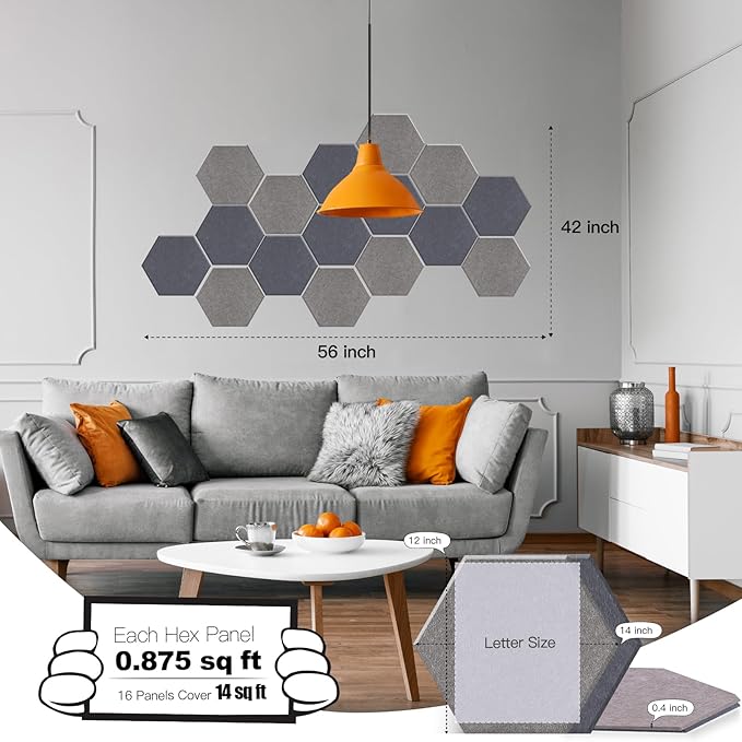 Mollywell Hexagon Acoustic Panels, High Density, Soundproofing, Decorative Noise Reduction Felt Wall Tiles for Ceilings, Home Office & Gaming Room (Afraica and Moon Gray), 14x12x0.4 Inch