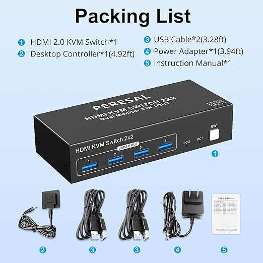 Dual Monitor HDMI KVM Switch, 2 Computers 4K60Hz Dual Monitor KVM Switches for Dual PC or Laptops,4 USB 3.0 Ports Support Extended/Copy Mode with DC 12V Adapter&Wired Controller