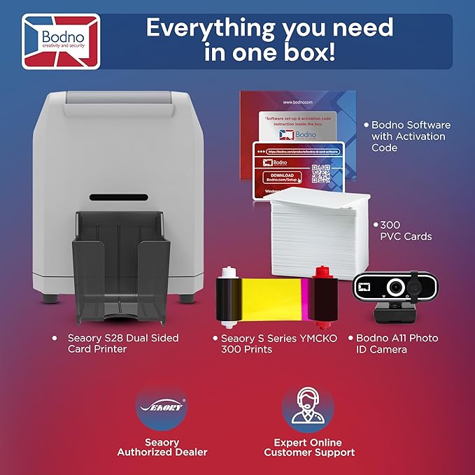 Bodno Seaory S28 Dual Sided ID Card Printer & Complete Supplies Package ID Software and Camera - Bronze Edition