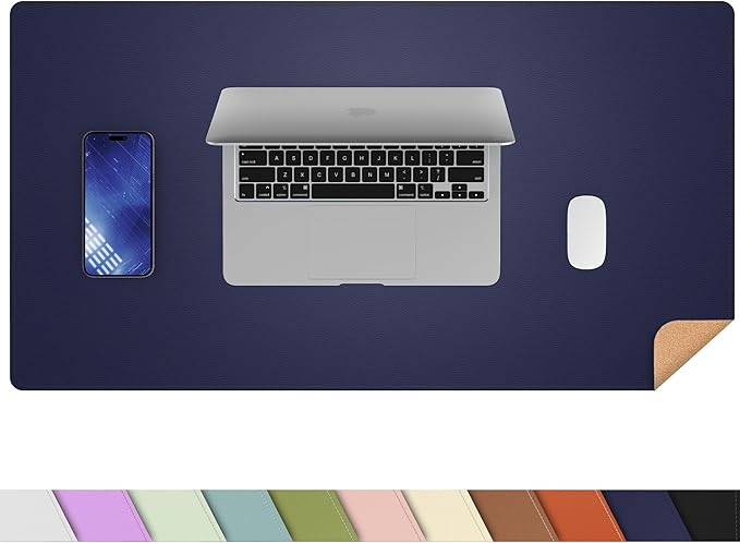 AFIING Dual-Sided Desk Pad, Natural Cork & PU Leather, Desk Mat Protector Non-Slip, Waterproof, Easy Clean,Large Mouse mats for Office and Home Work(Blue, 31.5"x17")