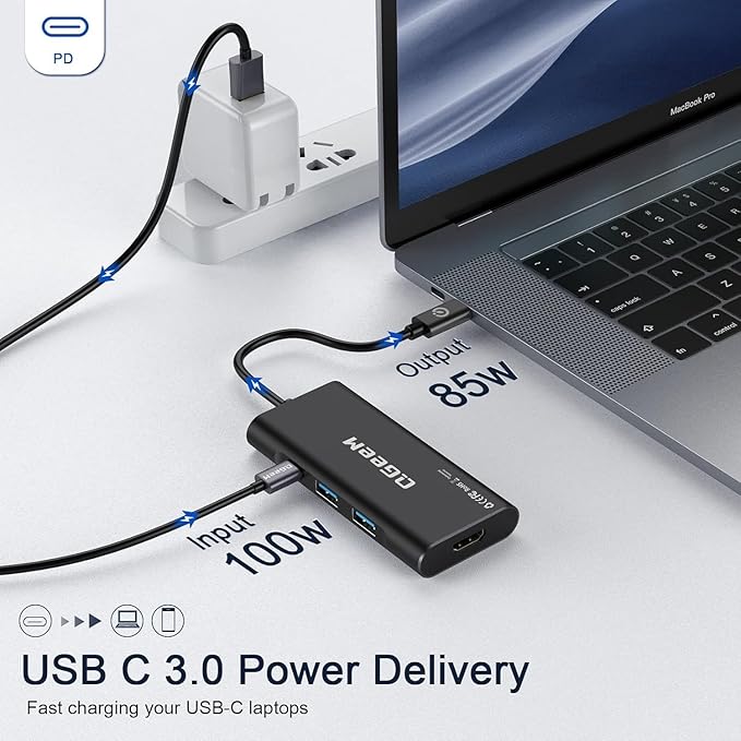 USB C Hub, QGeeM USB 4k to HDMI Adapter, 7 in 1 USB-C Dongle with 100W PD,USB 3.0, Card Reader, Compatible for MacBook iPhone 15/16 Ipad Pro max,Chromebook Laptop USB Type C Dock-Black