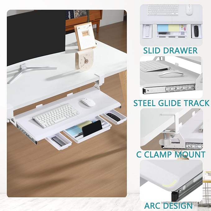 ETHU Keyboard Tray Under Desk, Pull Out Keyboard & Mouse Tray with C-clamp, Ergonomic Desk Keyboard Tray Slide Out, Pull Out Platform Drawer for Home and Office(White)