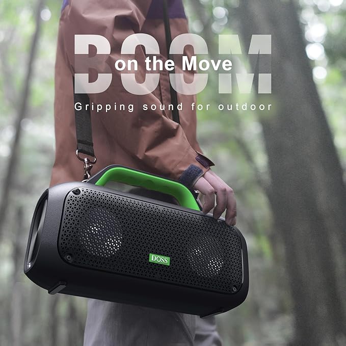 DOSS Extreme Boom Bluetooth Outdoor Speaker with 60W Mighty Sound, Deep Bass, 30H Playtime, USB-C, Bluetooth 5.3, IPX6 Waterproof with Portable Strap for Camping, Beach, Garage-Green