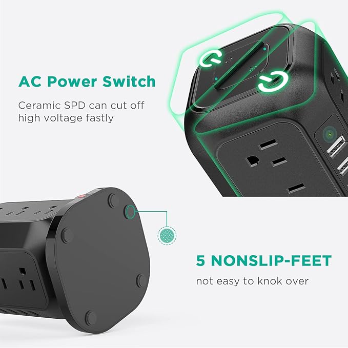 AiJoy Power Strip Tower 16.4 ft Cord, Surge Protector with 12 AC Outlet and 4 USB Ports, Charging Station Extension Cord with Multiple Outlets for Home, Office, Dorm Room Essentials black-15FT