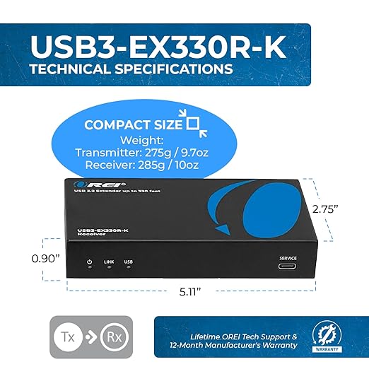 OREI USB 3.2 Over Ethernet HDbaseT Cat6 Extender LAN Upto 330 Feet - Extends 4 Ports USB-A Signal Over LAN Ethernet - Power Over Cable for Long Distance Extension Supports All Operating System