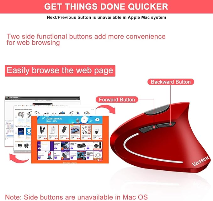 Vassink Ergonomic Rechargeable Wireless Mouse, 2.4Hz Rechargeable Wireless Vertical Optical Mice with USB Receiver, 6 Buttons, 800/1200/1600 DPI RED