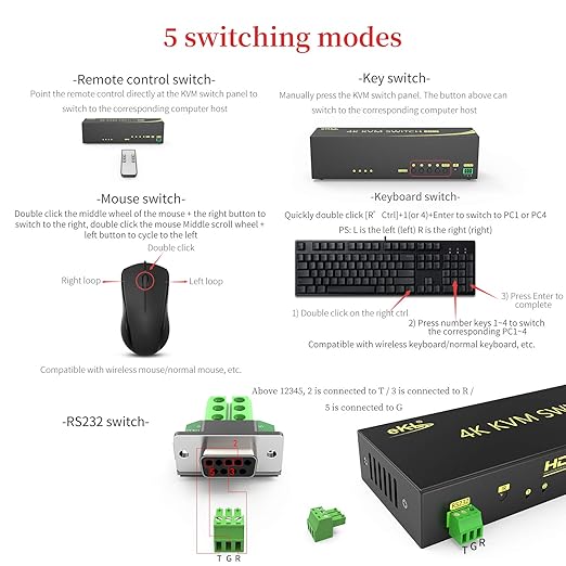 eKL HDMI KVM Switch 4 in 2 Out Dual Monitor Extended Display 4K@60Hz 4:4:4 with Audio and USB 2.0 Hub Sharing PC Monitor Keyboard Mouse Switcher