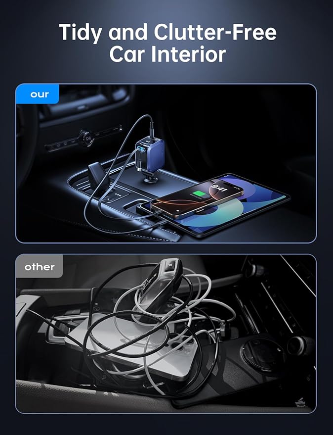 Retractable Car Charger, Car Accessories, 72W Fast Charging USB C Car Charger with 4FT Retractable Cables and 2 Ports, for iPhone 16 15 14 13 12, Samsung etc Dark Blue