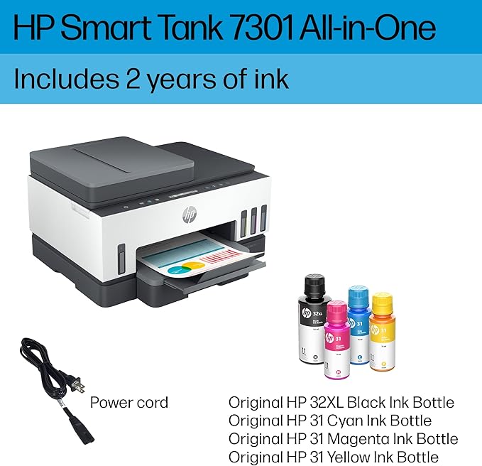 HP Smart Tank 7301 Wireless All-in-One Refillable Ink Tank Printer, Scanner, Copier with 2 years of ink included, Best for home office(28B70A)