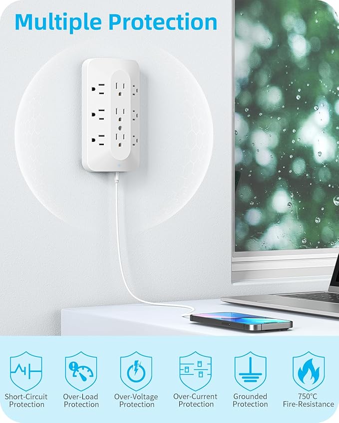 Wall Outlet Extender, 9 Outlet Splitter with 4 USB Ports (2 USB C), Multi Plug Wall Outlet Expander, 3-Sided Wall Charger Power Strip for Home, Office, Dorm, White