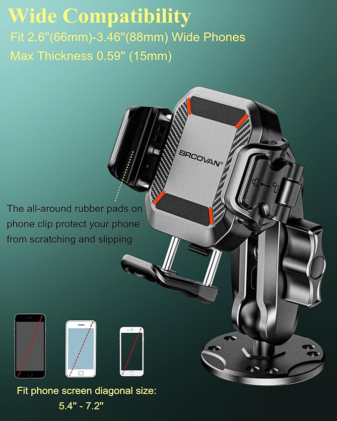 BRCOVAN Anti-Theft Phone Mount Holder with Vibration Dampener [Camera Friendly] [1s Lock & Release] with Aluminum Round Base & Medium Arm, for Car Boat Truck Motorcycle UTV, Fit 5.4-7.2'' Smartphones