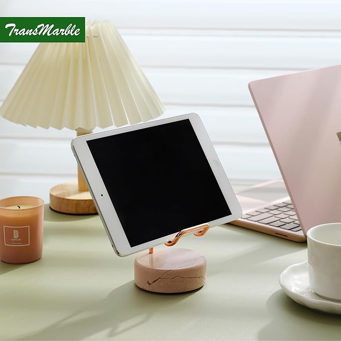 Marble Phone Stand with Metal Holder, Charging Available While Using, Swipe Up to Unlock, Made of Natural Marble as Business Card Holder for Office Desk (Rose Pink + Rose Gold)
