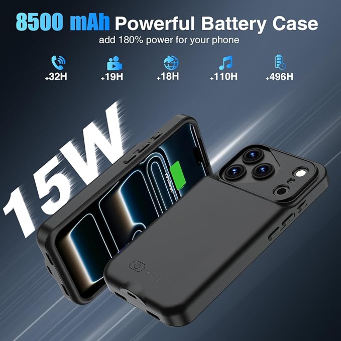 GIN FOXI Battery Case for iPhone 17 Pro, Charging Case Charger 8500mAh Ultra-Slim Lightweight Powerful Battery Pack 15W Fast Rechargeable Anti-Fall TPU Juice Box for iPhone 17 Pro (6.3") Black