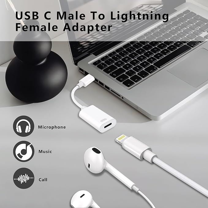 USB C to Lightning Headphone Audio Adapter, Type C Male to Female Lightning Earphone Converter with Charge/Data Transfer, Compatible with iPhone 17/16/15 Plus/Pro/Max, iPad Pro/Air 6/5/4, MacBook