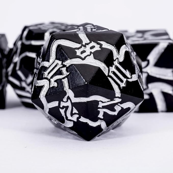 D&D Stripe Dice Set,Black Metal Dungeons and Dragons Dice Set with Box, Crack Polyhedral Dice for RPG Board Games (Matte Black Silver)