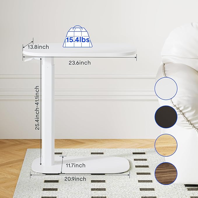 FLEXISPOT Adjustable C Table with Wheels, Mobile Snack Side End Table Sofa Couch Bedside Table Laptop Cart TV Tray Night Stand Small Space Side Table(23.6" W x 13.8" D,White)