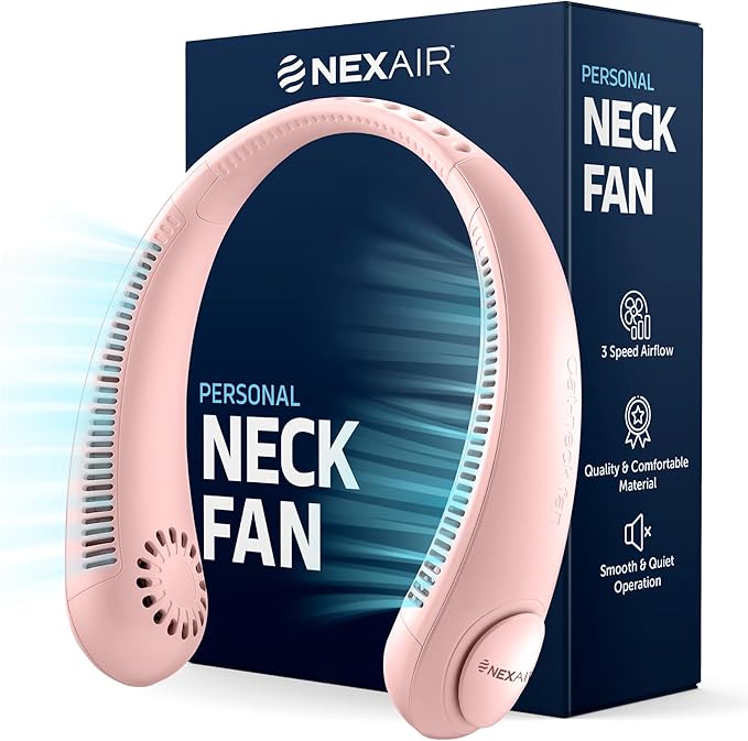 Portable Neck Fan -3 Speed Rechargeable Bladeless Neck Cooler, Pink Comfortable Lightweight, Personal Neck Fan For Women & Men Modern Design, Great Cooling Fan For Travel, Outdoors & Sports