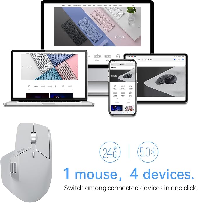 Rapoo MT760Mini Bluetooth Wireless Mouse - Bluetooth 5.0 and 2.4GHz Multi-Mode Connection, Support 4 Devices, M+ Cross Computer Technology, 11 Programmable Buttons,Light Grey