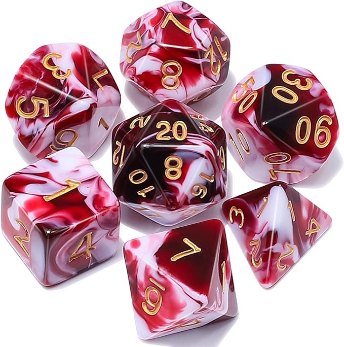 QMAY DND Dice Set -D&D Polyhedral Dice (7 Pcs) for Dungeons and Dragons (Blood red and White)