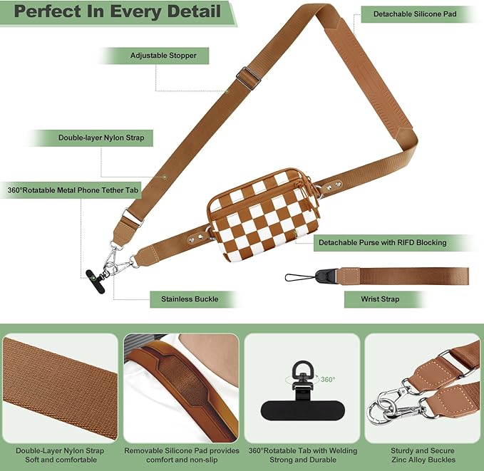 Clip and Go Strap for Phone with Wallet Crossbody, Adjustable Phone Lanyard with Detachable RFID Wristlet Wallet, Phone Strap with Phone Tabs for All Phones, Bronze Checkered (M)