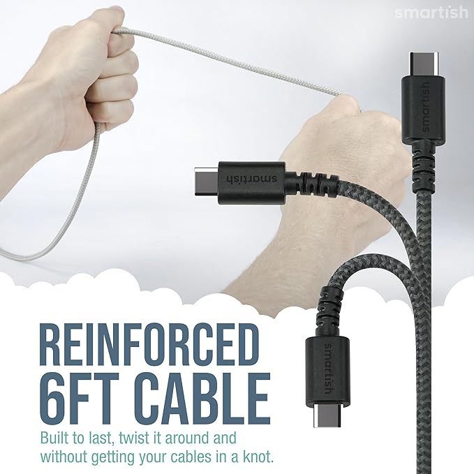 Smartish 2 in 1 USB C to USB C/Lightning Cable - Crown Joule - 6 Ft Fabric Wrapped Fast Charging Cord - for iPhone, Galaxy, Pixel - 100W Dual Fast Charger for Phones/Laptops - I'm Blushing