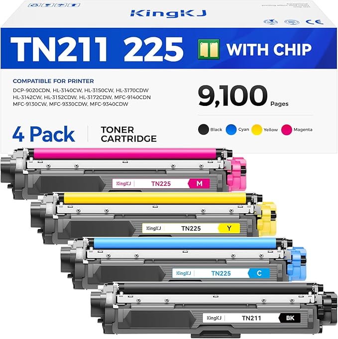 TN221 TN225 Toner Cartridge 4-Pack Black Cyan Yellow Magent Replacement for Brother TN-221 TN-225 to Use with MFC-9130CW HL-3170CDW MFC-9340CDW HL-3140CW 3150CW MFC-9330CDW 9140CDN DCP-9020CDN Printer