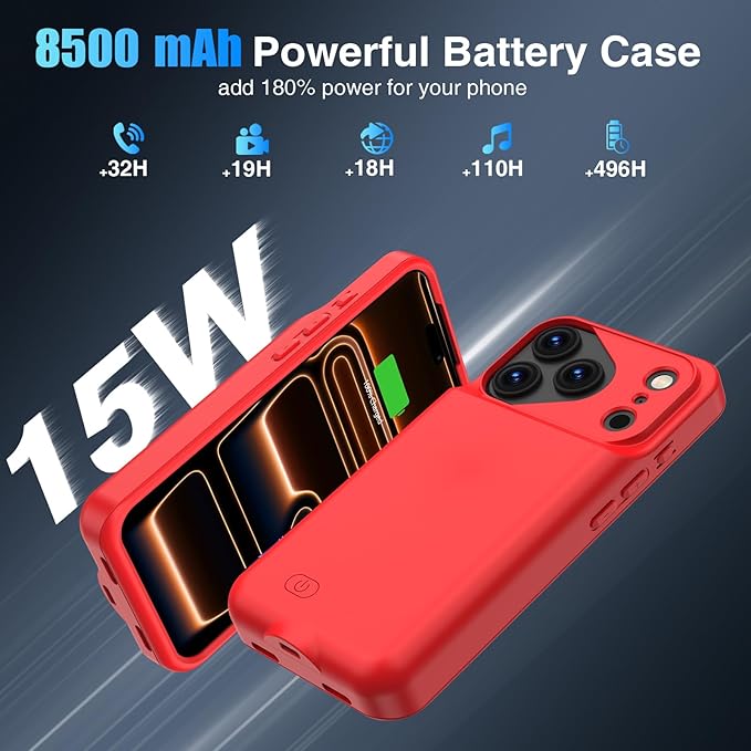 GIN FOXI Battery Case for iPhone 17 Pro, Charging Case Charger 8500mAh Ultra-Slim Lightweight Powerful Battery Pack 15W Fast Rechargeable Anti-Fall TPU Juice Box for iPhone 17 Pro (6.3") Red