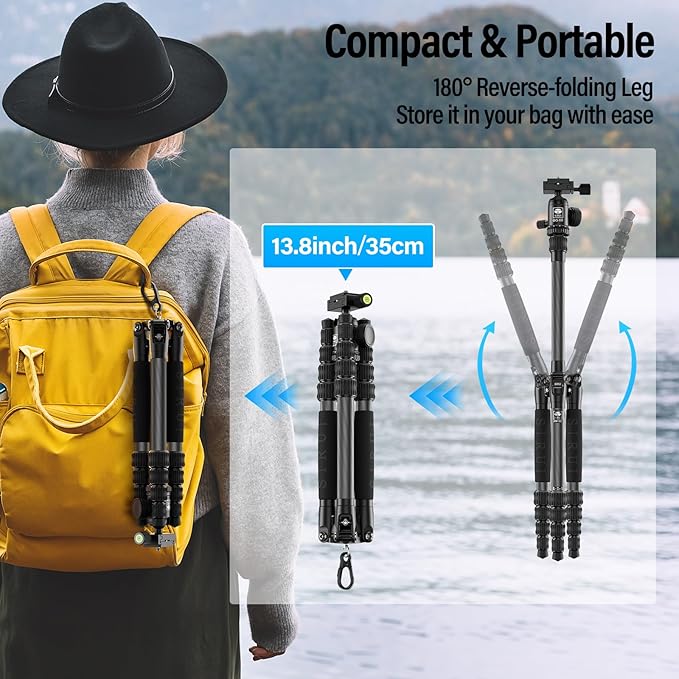 SIRUI Lightweight Carbon Fiber Travel Tripod, 6kg Load Capacity Compact Camera Support with Carry Bag, Portable for DSLR Mirrorless Cameras, Max Height 54" for Hiking Vacation Vlogging