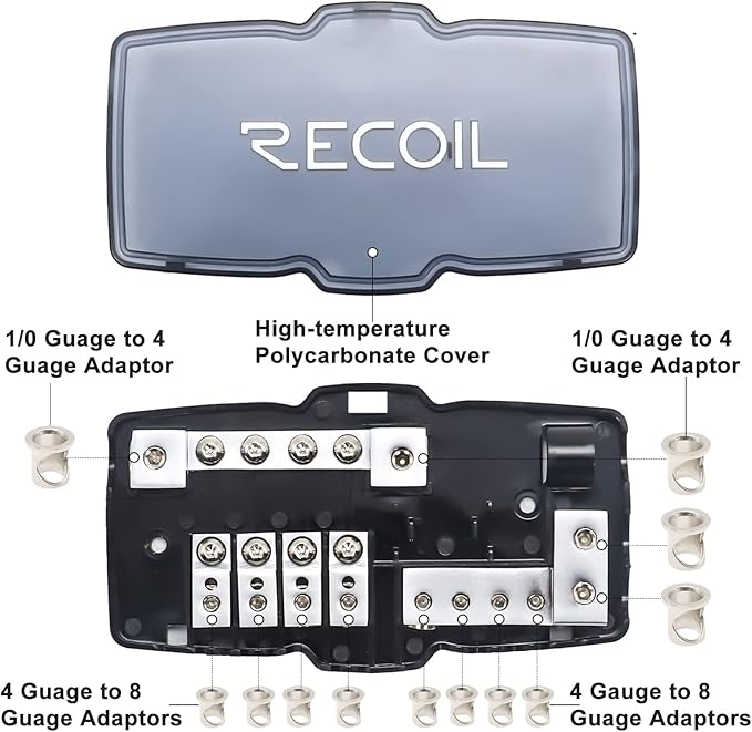 RECOIL MPG4 4-Way Mini-ANL Fused Distribution Block with Ground Block, Each Positive and Negative Block with 2X 0/2/4 Gauge Inputs & 4X 4/8 Gauge Outputs, Fused Distribution Block with 12pcs Fuses