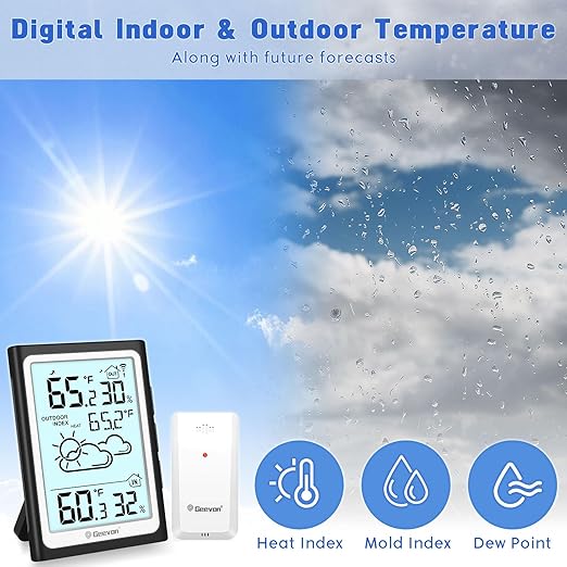 Geevon Large Display Digital Thermometer Hygrometer, Accurate Indoor Outdoor Temperature Humidity Monitoring, Wireless Weather Station with 200ft/60m Range Remote Sensor, Black
