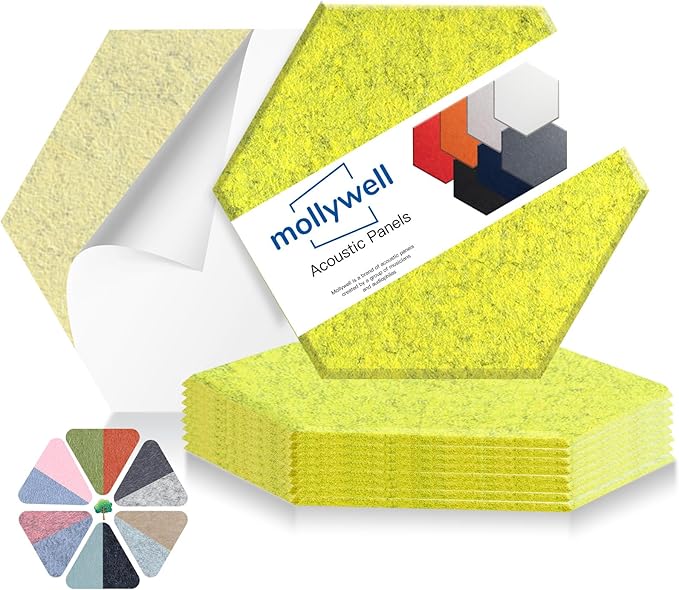 Mollywell Hexagon Acoustic Panels, High Density, Soundproofing, Decorative Noise Reduction Felt Wall Tiles for Ceilings, Home Office & Gaming Room (Lemon Green), 14x12x0.4 Inch
