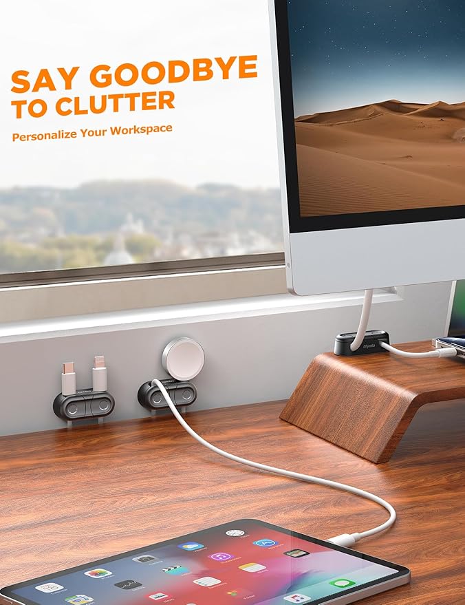 Magnetic Cable Clips - Chfeila 8Pack [Dual Slot] [360°Rotating & Twist-Lock] Cord Management, Adhesive Phone Charging Keeper, Wire Organizer Holder for Nightstand, Home Office Desk Accessories Decor