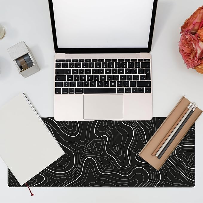 Desk Mat,Black Topographic Contour Map Desk Pad,Topographic Contour Large Gaming Mouse Pad for Desk,Extended Big Computer Keyboard Mouse Pad with Non-Slip Base and Stitched Edge,31.5"x11.8"
