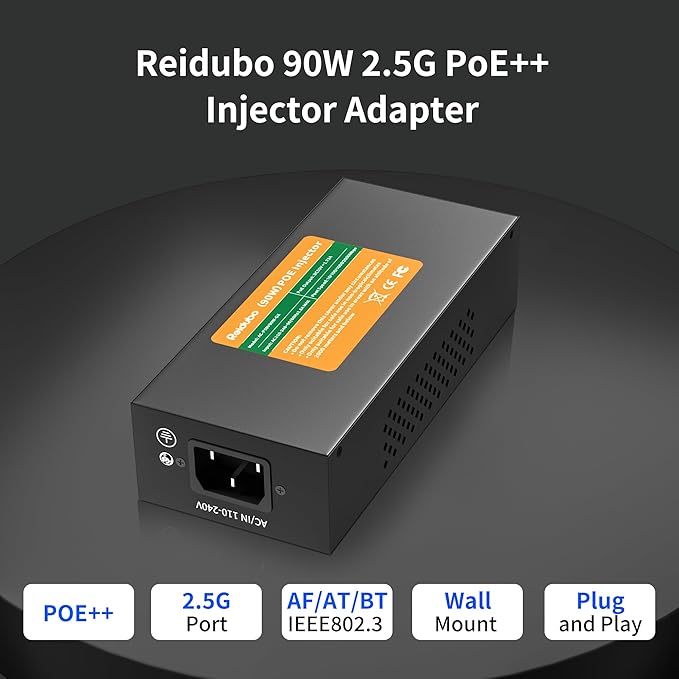 2.5Gb PoE Injector Adapter 90W, IEEE 802.3bt/at/af Compliant, Converts Non-PoE to PoE Network, 100/1000/2500Mbps RJ45, Up to 328 ft, Plug & Play (90W)