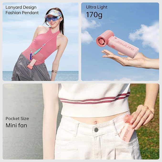 JISULIFE Portable Handheld Fan Life9, Turbo Power High Speed Air [18H Max Cooling Time], 5 Gear Wind, 5000mAh Rechargeable, Mini Pocket Design, Personal Fan for Travel Concerts Camping Makeup - Pink