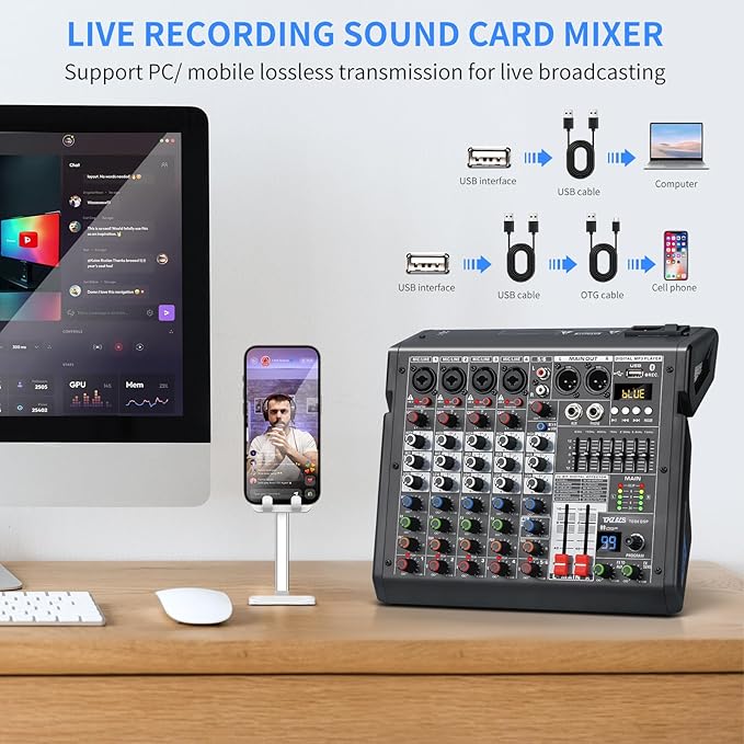 Audio Mixer, 6-Channel Professional DJ Mixer with 99-Bit DSP Effects, 7-Band EQ, 48V Phantom Power, MP3/Computer Input - Studio Audio Mixing Console for Recording & Live Performances