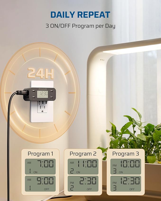 DEWENWILS 24 Hour Programmable Digital Timer Outlet with 1 Grounded Outlet, 2 Pack Timers for Electrical Outlets, 3 Prong Light Timer for Indoor Lamp Fan Aquarium, 125V/15A/1000W, 1/2 HP, Black