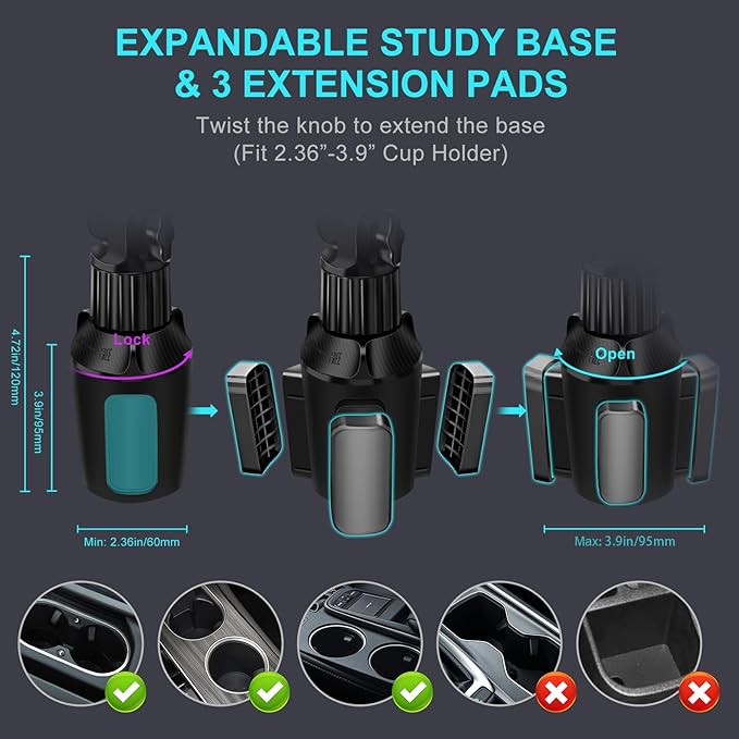 Cup Holder Car Tablet Mount for Truck, 360° Adjustable 15" Long 2-Arm Stand Holder for iPad Pro 12.9/11/10.5/9.7/Air/Mini 6/5/4, Samsung Galaxy Tab/Z Fold 6/5/4, iPhone 16/15/Pro, 4.7-12.9" Tab &Phone