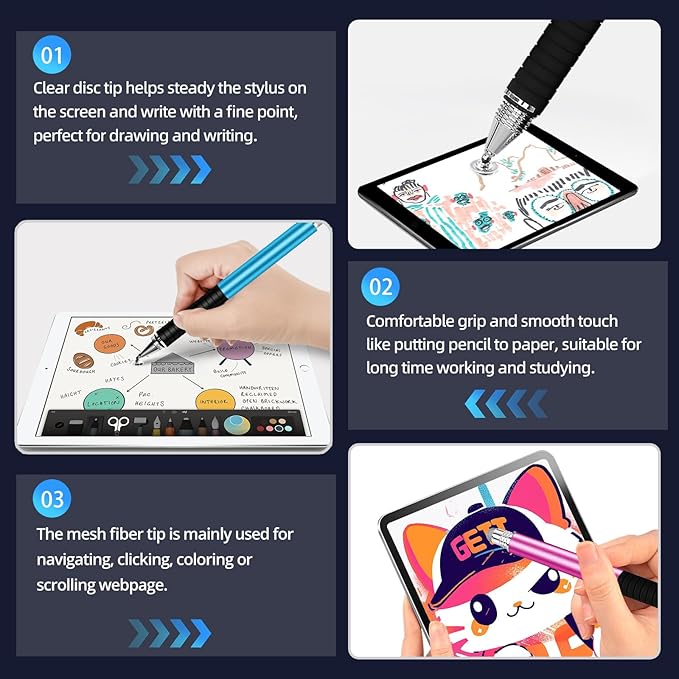 Capacitive Stylus Pen (4Pack,2 in 1 Precision Series), Fibre Tips Universal Touch Screens Stylist, Fine Point Disc Touchscreen Pencil Compatible for iPhone/iPad/Android/Tablet
